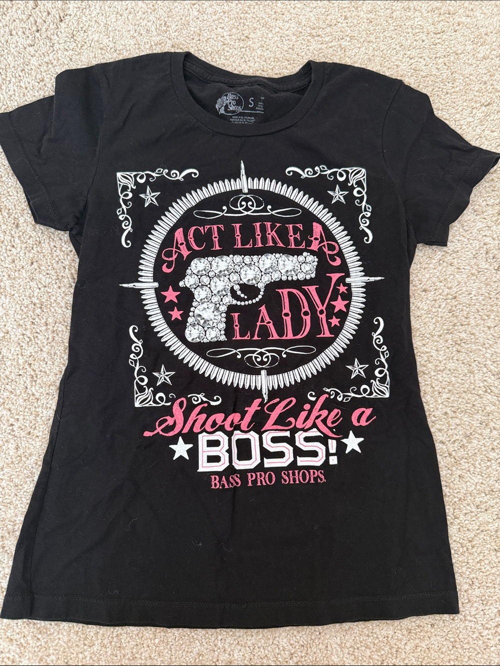 Bass Pro Shops Black Tee with White and Pink Graphic